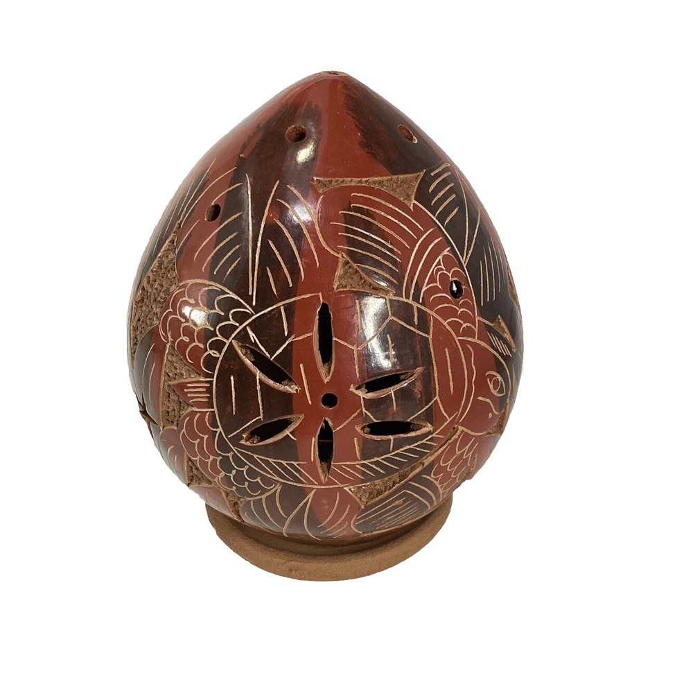 Handcrafted Egg ShapedTerra Cotta Glazed Luminary Candle Holder Etched  Turtles